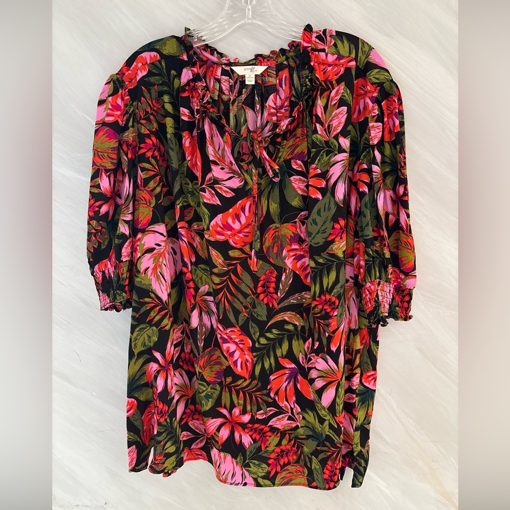 Terra & Sky 2X  Black/Pink/Orange Floral Keyhole Neck Short Sleeve Blouse